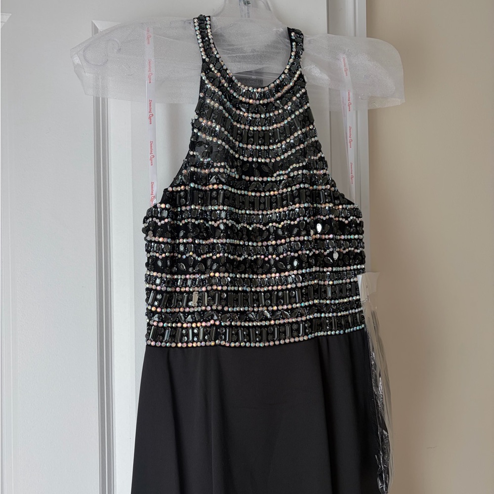 Black Beaded Halter Prom Gown - Picture 2 of 8